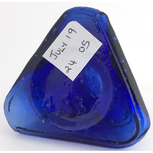 542 - DERBY ALL BRITISH INK. 2.25ins tall. Cobalt blue glass, triangular shape inkwell, sheared lip, embos... 