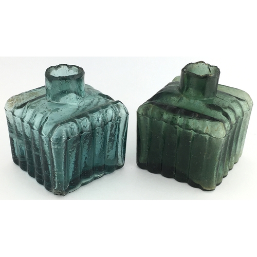 543 - HOLLIDGE SQUARE INK DUO. 2ins tall. Two colour variations, one turquoise blue other green glass. Rai... 