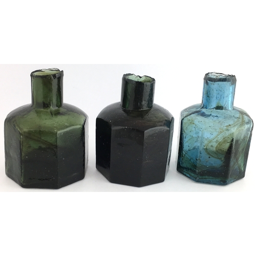 544 - EIGHT SIDED INK TRIO. 2.5ins tall. Three colour variations, all sheared lip. One green glass with br... 