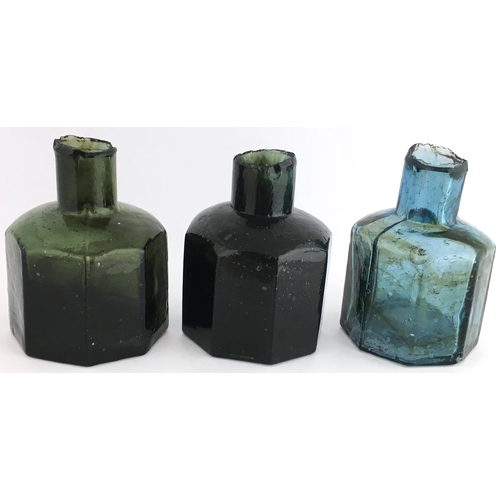 544 - EIGHT SIDED INK TRIO. 2.5ins tall. Three colour variations, all sheared lip. One green glass with br... 