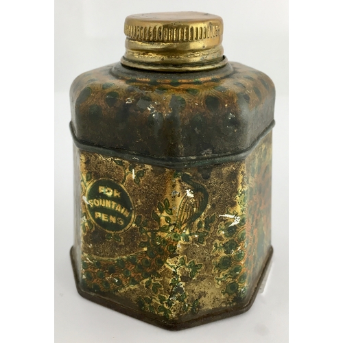 548 - SIGNET INKWELL. 3ins tall. Tapering 8 sided facetted tin, removable top section - glass ink inside -... 