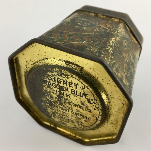 548 - SIGNET INKWELL. 3ins tall. Tapering 8 sided facetted tin, removable top section - glass ink inside -... 