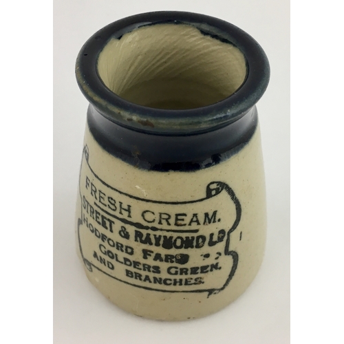 549 - GOLDERS GREEN CREAM POT. 2.9ins tall. Very strong deep blue top, churn shape, lower half off white. ... 