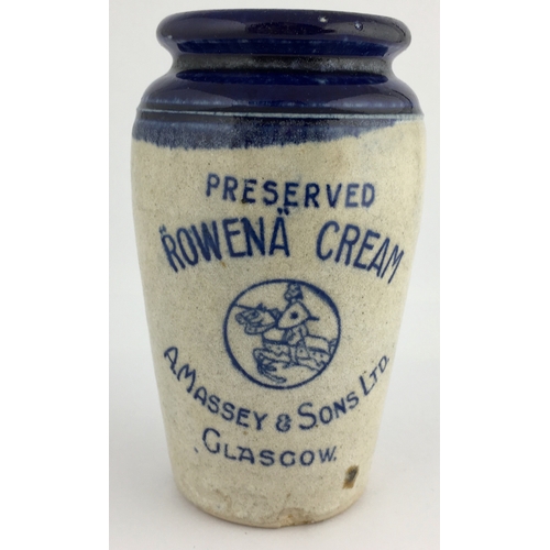 550 - GLASGOW ROWENA CREAM POT. 4.25ins tall. Strong blue top section & transfer. PRESERVED/ ROWENA CREAM/... 