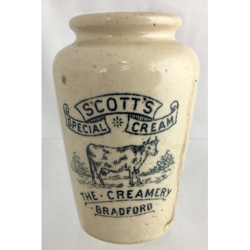 555 - BRADFORD CREAM POT. 4ins tall. Off white glaze, black transfer SCOTT’S/ SPECIAL CREAM (within ornate... 