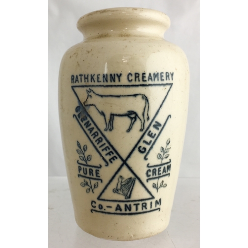 558 - CO ANTRIM CREAM POT. 4.5ins tall. Off white glaze, black transfer RATHKENNY CREAMERY/ GLENARRIFFE/ G... 