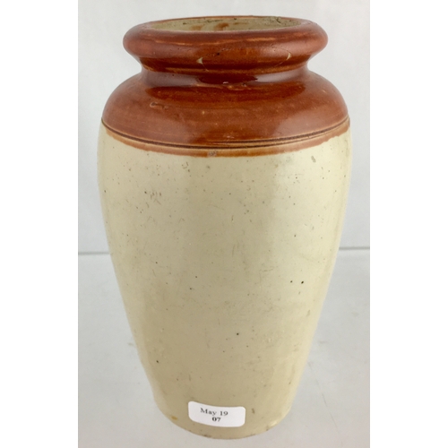 559 - SOUTHSEA CREAM POT. 5ins tall. Brown top, lower off white glaze, black transfer RICH THICK CREAM/ TH... 