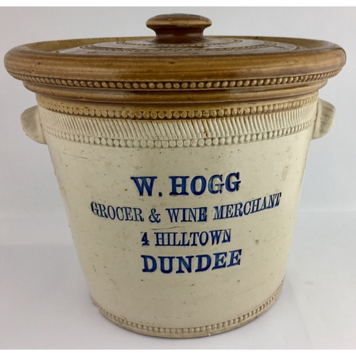 564 - DUNDEE BUTTER CROCK. 8ins to rim top. T.t, handles each side, wheeled decoration to lid, side top & ... 