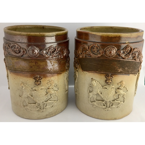 569 - SALT GLAZE PHARMACY JAR DUO. 6.75ins tall. T.t, brown salt glaze, pre Victorian pharmacy jars. Raise... 