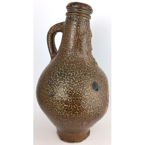 574 - BELLARMINE JUG. 9ins tall. Wonderful really hugely variating brown tiger effect salt glaze, bulbous ... 