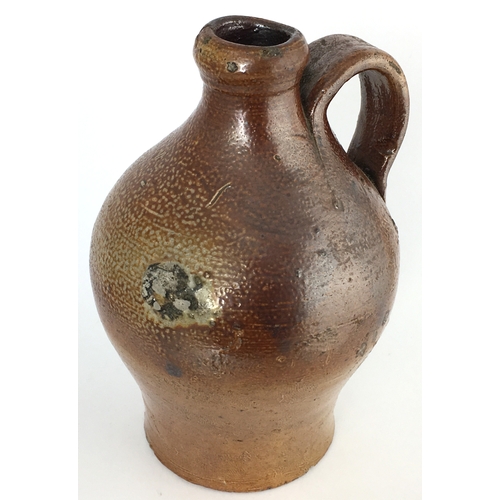 576 - SALT GLAZE FLAGON. 5.5ins tall. Small size, Dwight style bulbous bodied, rear handled, flagon - poss... 