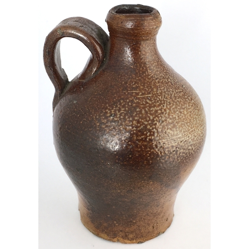 576 - SALT GLAZE FLAGON. 5.5ins tall. Small size, Dwight style bulbous bodied, rear handled, flagon - poss... 