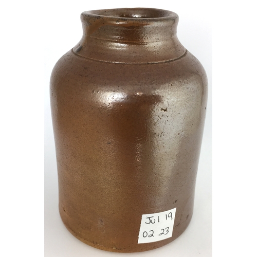 587 - HULL SALT GLAZE MUSTARD POT. 4.5ins tall. Cylindrical shape, wide mouth mustard pot. Shiny brown var... 