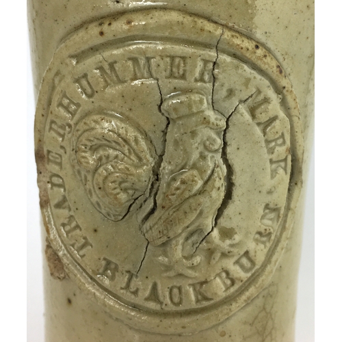 588 - BLACKBURN SLAB SEAL GINGER BEER. 6.75ins tall. Grey/ green slip glaze. Slab seal reads R, HUMMER/ TR... 