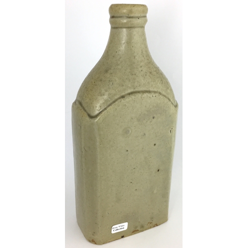 591 - HULL SLAB SEAL FLASK. 9ins tall. Grey/ green slip glaze. Flattened rectangualr shape flask with (unr... 