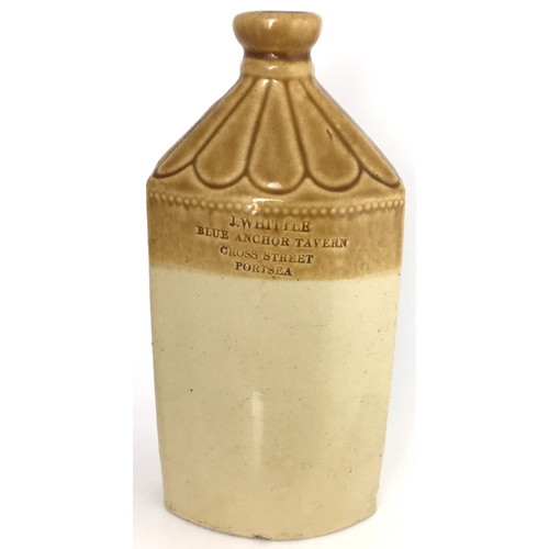 594 - PORTSEA SPIRIT FLASK. 8.5ins tall. T.t. tan, flattened rectangular flask. Scalloped shoulder detail ... 