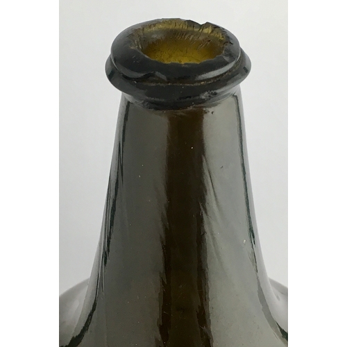 600 - ENGLISH LONG NECKED MALLET BOTTLE. 7.7ins tall, Black/ dark green glass. Another chunky v-shaped str... 