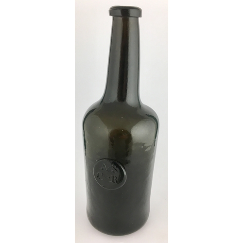 602 - OXFORD SEALED CYLINDER WINE BOTTLE. 10.6ins tall, dark black/ green glass, elegant long neck cylinde... 