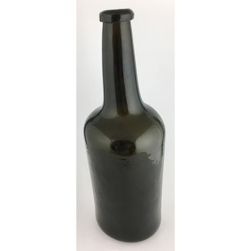 602 - OXFORD SEALED CYLINDER WINE BOTTLE. 10.6ins tall, dark black/ green glass, elegant long neck cylinde... 