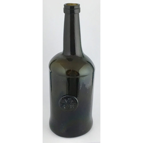 603 - OXFORD SEALED CYLINDER WINE BOTTLE. 10.6ins tall, dark black/ green glass, elegant long necked cylin... 