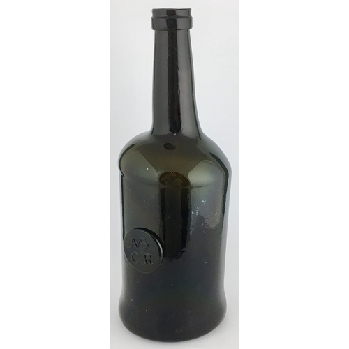 603 - OXFORD SEALED CYLINDER WINE BOTTLE. 10.6ins tall, dark black/ green glass, elegant long necked cylin... 