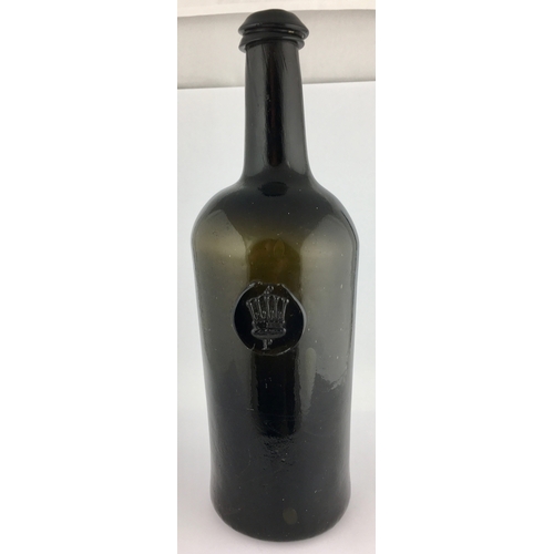 604 - SEALED CYLINDER WINE BOTTLE. 10.6ins tall, dark black/ green glass, shorter neck than previous two l... 