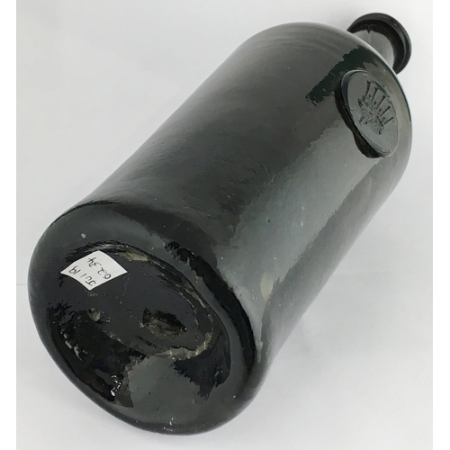 604 - SEALED CYLINDER WINE BOTTLE. 10.6ins tall, dark black/ green glass, shorter neck than previous two l... 