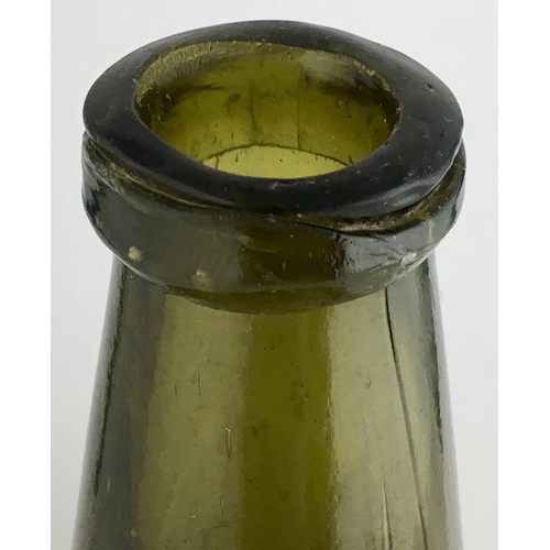 606 - DUTCH ONION WINE BOTTLE. 7.4ins tall, dark green glass, much paler than previous lot, applied string... 