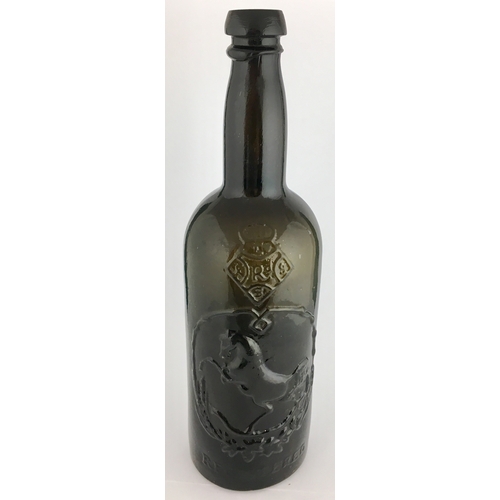 611 - BLACK HORSE BEER. 11.3ins tall, deep black/ brown glass, heavy double gloppy lip, cork closure. Eleg... 