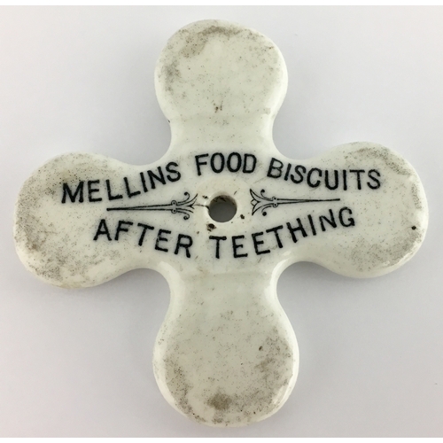 616 - MELLINS FOOD TEETHER. 2.6ins wide, white ceramic four curve cornered tether, black transfer ‘‘Mellin... 