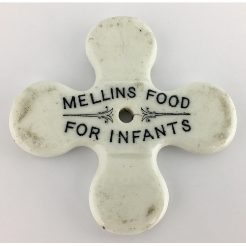 616 - MELLINS FOOD TEETHER. 2.6ins wide, white ceramic four curve cornered tether, black transfer ‘‘Mellin... 