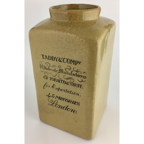 617 - TADDY & CO SNUFF JAR. 6.9ins tall, square earthenware box like body with wide circular opening, ligh... 