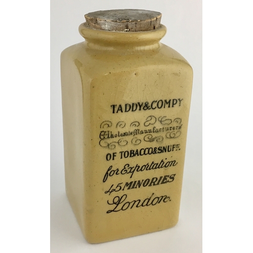 618 - FULL TADDY & CO SNUFF TYPE JAR. 3.1ins tall, another square earthenware box like body, smaller, with... 