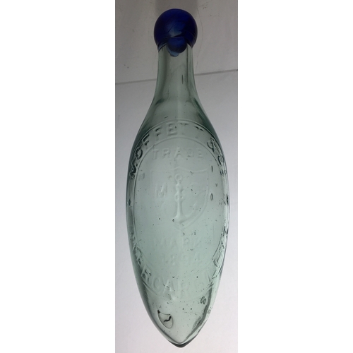 623 - NEW ZEALAND BLUE LIPPED HAMILTON. 9ins long. Aqua glass, oval embossing MOFFET & CO/ INVERCARGILL. N... 