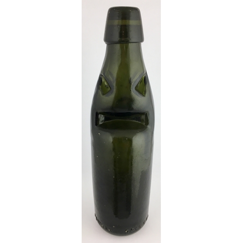 632 - OXFORD POWELL BRISTOL CODD BOTTLE. 9ins tall. Very dark green glass, 10oz codd, 4 neck retaining lug... 