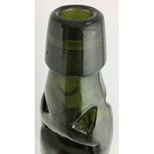 632 - OXFORD POWELL BRISTOL CODD BOTTLE. 9ins tall. Very dark green glass, 10oz codd, 4 neck retaining lug... 