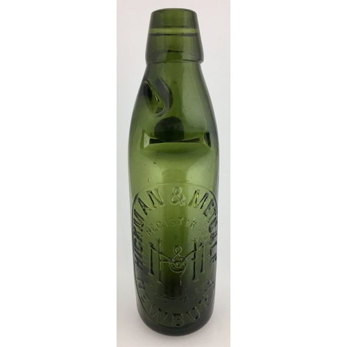 634 - NEWBURY CODD BOTTLE. 9ins tall. Green glass 10oz codd bottle, two neck retaining lugs. Very heavily ... 