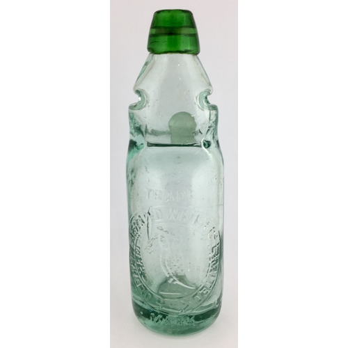 635 - OLDHAM GREEN LIP RELIANCE PATENT. 8.5ins tall. Aqua glass, 2 neck retaining lugs with Trade Mark bel... 