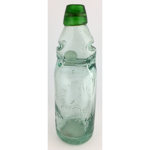 635 - OLDHAM GREEN LIP RELIANCE PATENT. 8.5ins tall. Aqua glass, 2 neck retaining lugs with Trade Mark bel... 