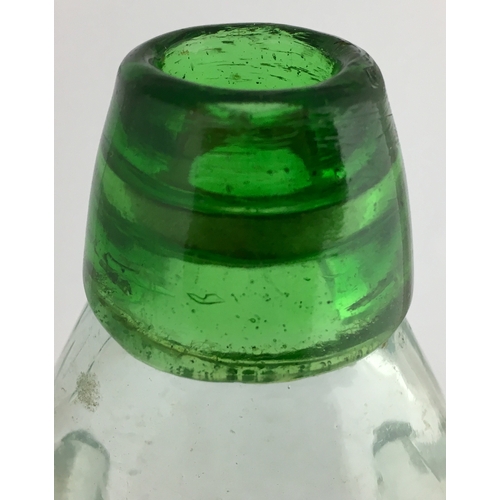 635 - OLDHAM GREEN LIP RELIANCE PATENT. 8.5ins tall. Aqua glass, 2 neck retaining lugs with Trade Mark bel... 