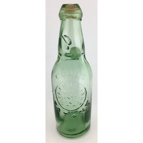 636 - PATENT CODDS 6 BOTTLE. 8.5ins tall. Deep aqua glass, 2 neck retaining lugs, mushroom blob lip with i... 