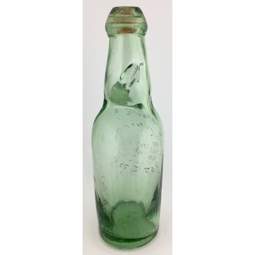 636 - PATENT CODDS 6 BOTTLE. 8.5ins tall. Deep aqua glass, 2 neck retaining lugs, mushroom blob lip with i... 