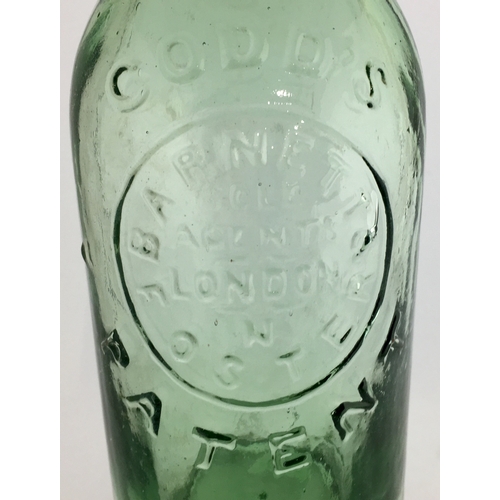 636 - PATENT CODDS 6 BOTTLE. 8.5ins tall. Deep aqua glass, 2 neck retaining lugs, mushroom blob lip with i... 