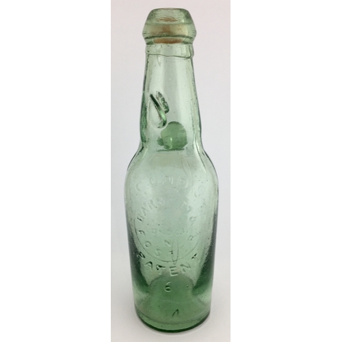 637 - PATENT CODDS 6 BOTTLE. 9ins tall, aqua glass, 2 neck retaining lugs, mushroom blob lip with intact o... 