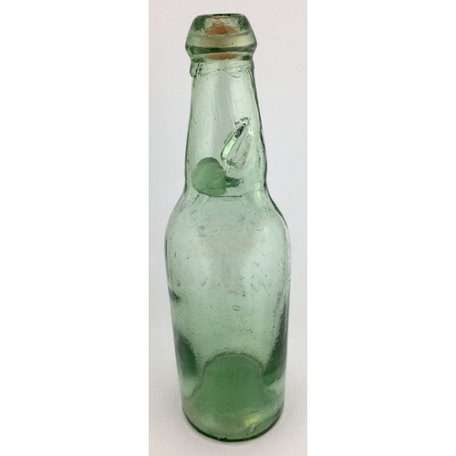 637 - PATENT CODDS 6 BOTTLE. 9ins tall, aqua glass, 2 neck retaining lugs, mushroom blob lip with intact o... 