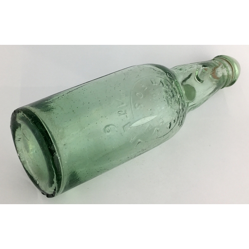 637 - PATENT CODDS 6 BOTTLE. 9ins tall, aqua glass, 2 neck retaining lugs, mushroom blob lip with intact o... 