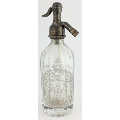 640 - SCHWEPPES MINIATURE SODA SYPHON. 6.25ins tall to top of trigger. Clear glass, vertical facets, etche... 