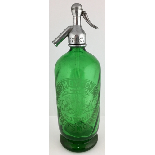 643 - PORTSMOUTH SODA SYPHON. 11.5ins tall to top of impressed trigger. Bright green glass, curved lines t... 