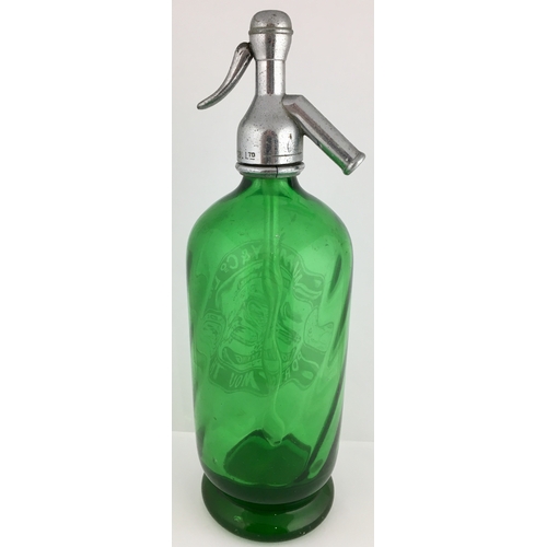 643 - PORTSMOUTH SODA SYPHON. 11.5ins tall to top of impressed trigger. Bright green glass, curved lines t... 