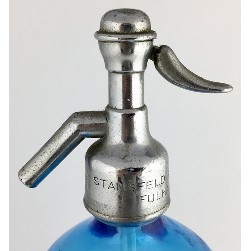 644 - FULHAM SODA SYPHON. 12 ins tall to top of impressed trigger. Pale blue glass, curve lines to body fi... 